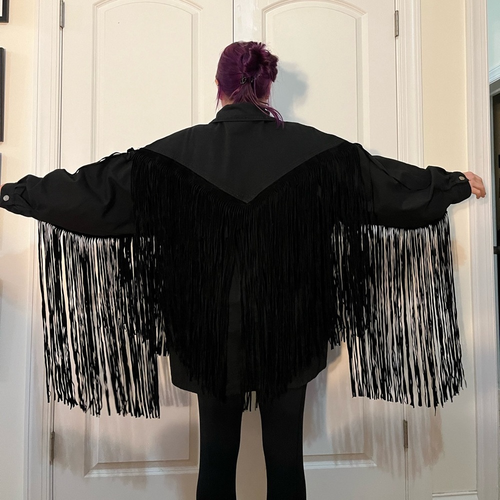 Women’s Nasty Gal oversized black denim FRINGE! jacket. Size US 8